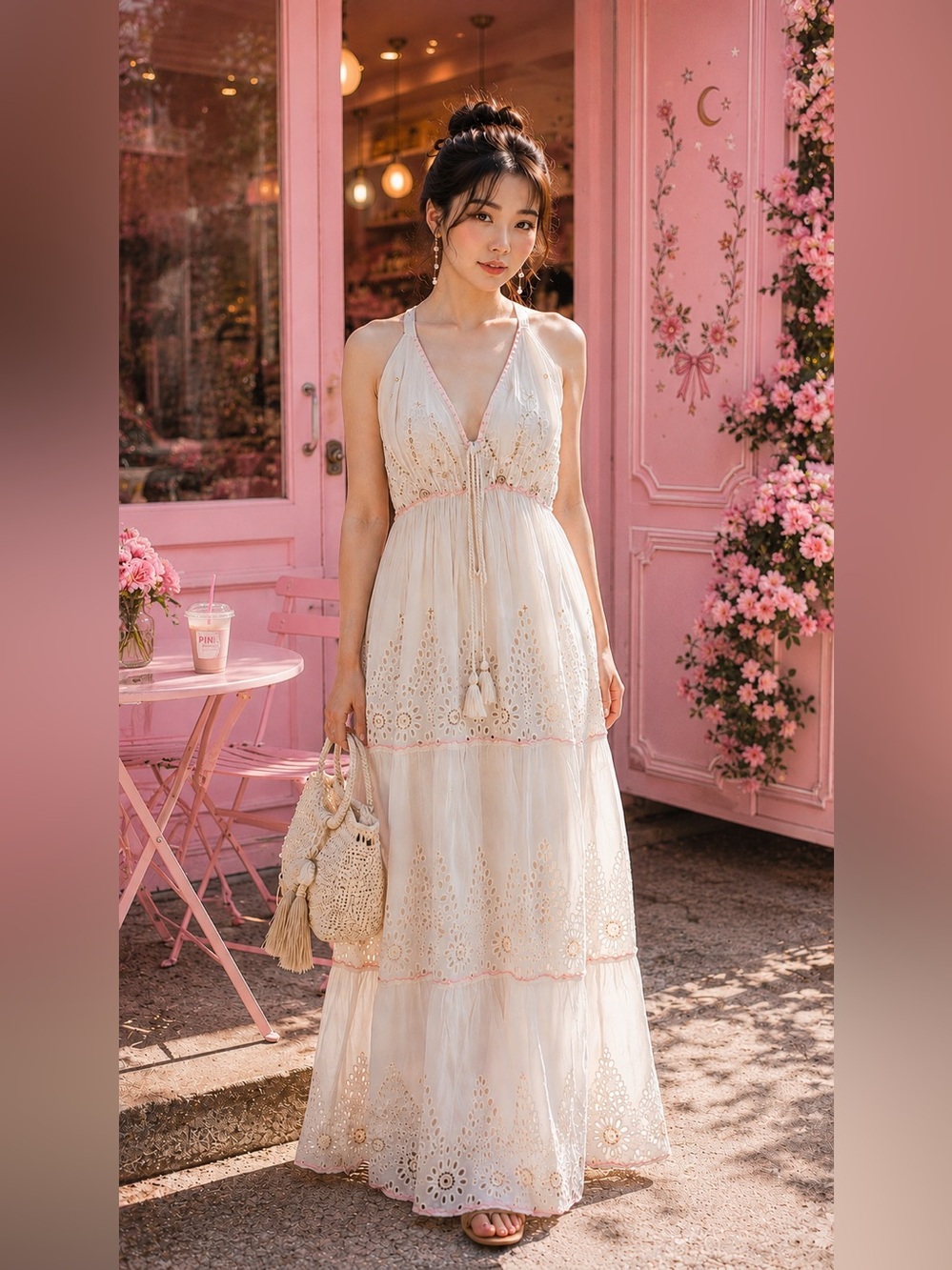 NWT Beautiful Eyelet Maxi Dress in Cream with Pink Trim and Sequin Detail